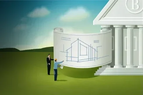 Carden Finance Commercial Finance Solutions. Illustration of 2 people discussing building plans.