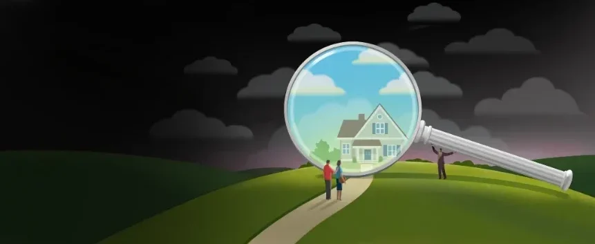 Carden Finance FAQ Frequently Asked Questions - Illustration of a 2 people walking towards a house under a magnifying glass