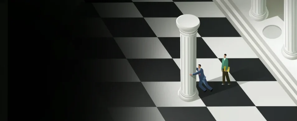 Expert Insights (articles and videos) by Carden Finance. Image of man pushing a pillar across checkered board.